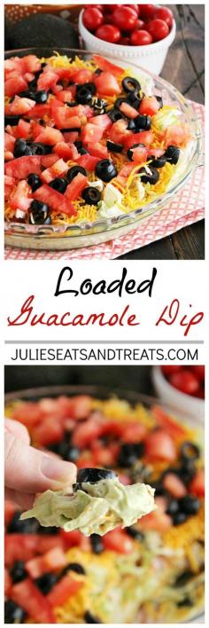 
                    
                        Loaded Guacamole Dip ~ Guacamole Piled High with Cheese, Salsa, Tomatoes, & Black Olives! ~ www.julieseatsand...
                    
                