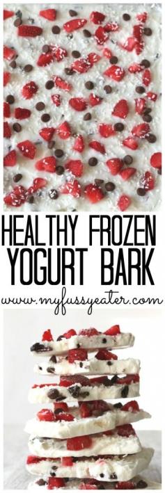 
                    
                        Frozen Yogurt Bark made with low sugar greek yogurt and topped with strawberries, dark chocolate chips and coconut
                    
                