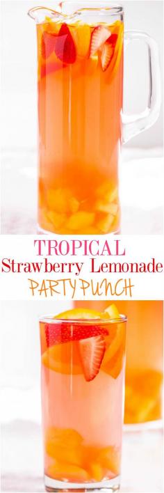 
                    
                        Tropical Strawberry Lemonade Party Punch - Sweet and citrusy with a tropical vibe! So fast and easy!! Punch and sangria all in one with loads of fruit!! (can be made virgin)
                    
                