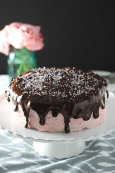 Three Layer Vanilla Cake with Strawberry Swiss Meringue Buttercream and Chocolate Glaze ~ 2nd Anniversary!