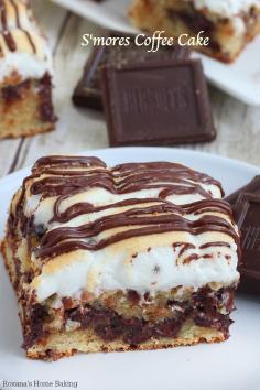 smores coffee cake recipe!!!!! Yum!!! ..."So moist and tender, this smores coffee cake is filled with chocolate chips and topped with a layer of ooey gooey toasted marshmallows."!