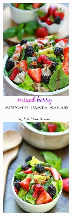
                    
                        Mixed Berry Spinach Pasta Salad coated with balsamic dressing makes a light & refreshing side dish.
                    
                