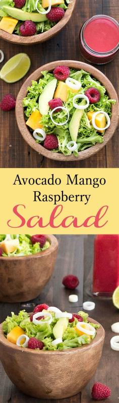 
                    
                        This avocado mango raspberry salad is light, healthy, fresh, and delicious. It's a fantastic mix of textures, colors and flavors.
                    
                