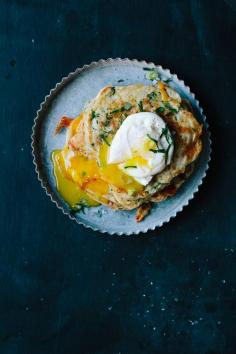 
                    
                        Savory vegetable pancakes with poached eggs
                    
                