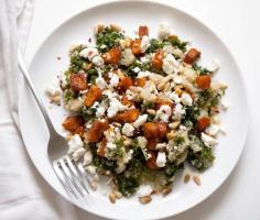 
                    
                        ROAST BUTTERNUT SQUASH WITH QUINOA, KALE AND FETA
                    
                