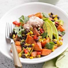Sweet Potato Hash
 Toss sauteed sweet potatoes with corn and black beans, then top with a chipotle sour cream sauce and avocado for a fresh and budget-friendly side dish.