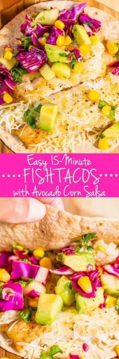 
                    
                        Easy 15-Minute Fish Tacos with Avocado Corn Salsa - Tons of big flavors in a fast, fresh and healthy meal!! A clean-eating recipe that tastes like comfort food!
                    
                