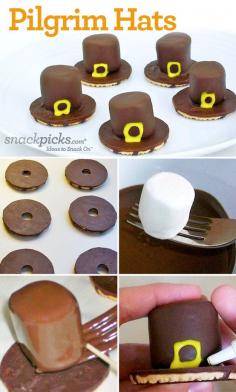 Pilgrim Hat Fun Snacks. Great no-bake recipe for the kids, looks awesome on a cookie tray at parties!