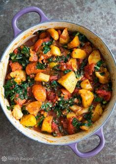 Roasted Root Vegetables with Tomatoes and Kale Recipe | SimplyRecipes.com