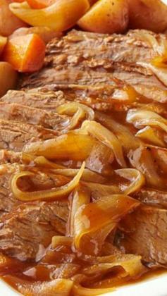 
                    
                        Slow-Cooker Barbecue Beef Brisket ~  Prepared with carrots, onions and red potatoes.
                    
                