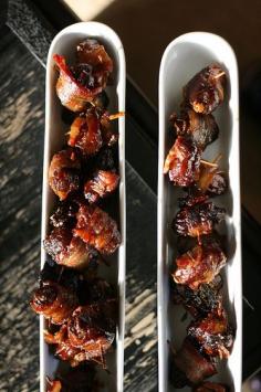 almond stuffed, bacon wrapped dates also add blue cheese and balsamic reduction ...yumm App