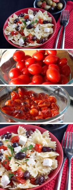 
                    
                        Quick & Easy Pasta with Tomatoes, Feta & Olives - This dish brings big flavor with sweet roasted tomatoes that are the perfect contrast to the saltiness of the feta & olives!
                    
                