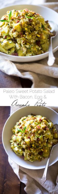 
                    
                        Paleo Sweet Potato Salad with Bacon, Eggs and Avocado Pesto – A healthy side dish that is SUPER creamy, easy to make and always a crowd pleaser! You won’t even miss the mayonnaise! | Foodfaithfitness.com | Taylor | Food Faith Fitness
                    
                