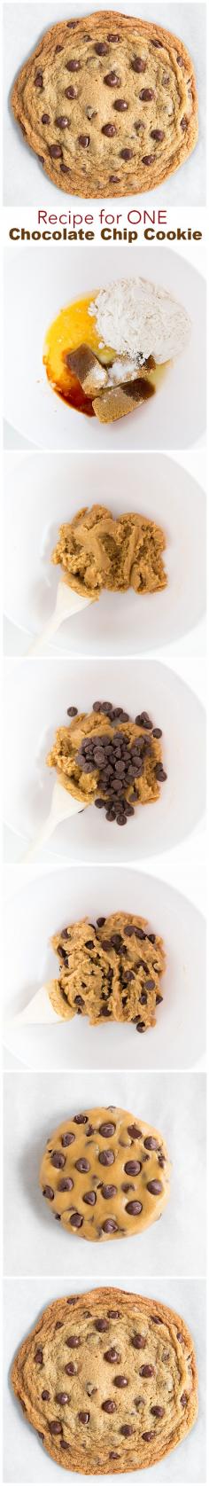 One Big Chocolate Chip Cookie. Use small cookie scoop and bake in bakery bites express mini cupcake mold for 8 mins. OR double the recipe and use large cookie scoop to bake 5 big cookies 12-14 mins (not as big as hers, but pretty darn big-and thick too).