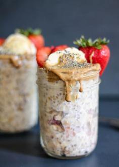 
                    
                        Almond Butter, Strawberry & Banana Overnight Oats with chia seeds. This is a great make-ahead protein-packed breakfast that will absolutely keep you full until lunch.
                    
                