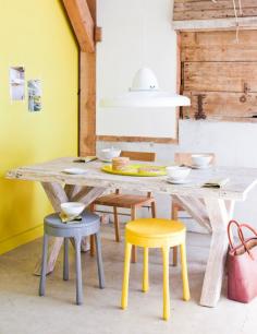 
                    
                        Yellow has always been my kitchen color. Old wood looks terrific with it ~ recycle! White is good trim color, use on table & more. Cute seating is easy to put under the table when space is needed. Use more colorful lighting fixtures, add some red, blue &/or green to the mix.
                    
                