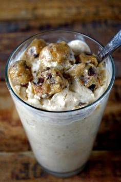 Healthy chocolate chip cookie dough protein blizzard! Gluten free & can be vegan with the use of vegan protein powder!