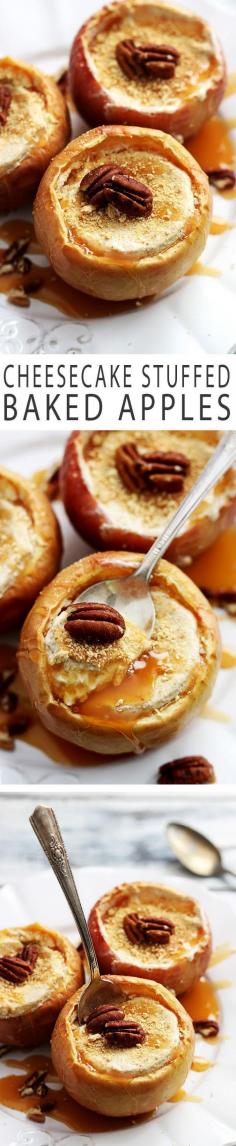 Cheesecake Stuffed Baked Apples Recipe - It only takes 6 ingredients to whip up these amazing cheesecake stuffed baked apples! Top them off with caramel sauce, graham cracker crumbs, and pecans for the ultimate no-fuss Autumn dessert!