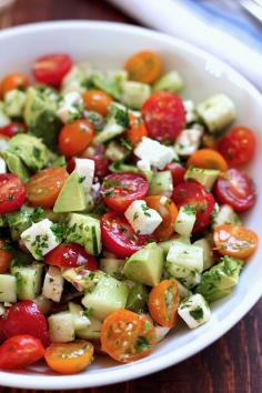 
                    
                        One of my FAVORITE summer dishes! Tomato, cucumber, avocado salad. So colorful, flavorful and easy too !
                    
                