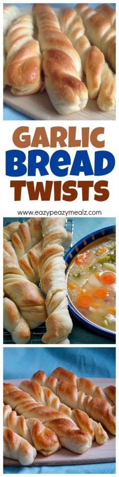 
                    
                        These garlic bread twists are the perfect addition to pasta, soup, or just on its own! And they are SUPER EASY to make. - Eazy Peazy Mealz
                    
                