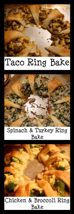 3 different recipes for #Pillsbury Crescent Roll Ring bakes.  (Spinach  Turkey, Chicken  Broccoli, taco)