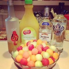 DRUNKEN MELON BALLS Watermelon Cantaloupe Honeydew melon Vodka Pineapple Juice Peach Schnapps Tequila (optional) Use a melon ball scoop to fill your bowl with melon balls. Pour your liquor and juice over the balls and refrigerate. I saw this on the FB page of Tipsy Bartender.