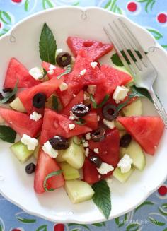 
                    
                        Chilled Watermelon Cucumber Feta Salad - stay cool as a cucumber with this simple, classy side salad. #weightwatchers #glutenfree #cleaneats
                    
                