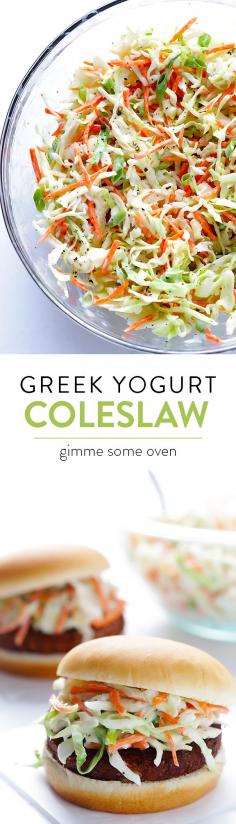 
                    
                        Greek Yogurt Coleslaw -- lighter, mayo-free, delicious, and ready to go in 5 minutes! | gimmesomeoven.com
                    
                