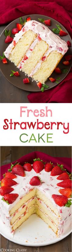 
                    
                        Fresh Strawberry Cake - this cake is DIVINE!! It's The perfect summer cake! The cream cheese in the whipped cream topping makes all the difference.
                    
                