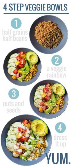 Make 4 Step Veggie Bowls using whatever ingredients you have on hand! (link includes a recipe for Rainbow Veggie Bowls with Homemade Jalapeño Ranch dressing, too!) | pinchofyum.com #salad #vegetarian #healthy #recipe