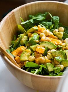 Arugula Salad: Mango, Macadamia, Avocado - 1 large mango, cubed  1 avocado, diced  3/4 cup macadamia nuts, roasted/salted  5 cups fresh arugula    optional add-in’s: sweet onions, diced apple, diced pineapple … more    dressing (or use your own recipe):  1/4 cup lemon juice  2 Tbsp apple cider vinegar  1/4 cup olive oil  1 Tbsp Dijon mustard  1 tsp agave syrup  pepper  dash garlic powder