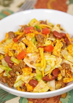 
                    
                        Doritos Taco Salad - taco meat, kidney beans, tomatoes, lettuce, Catalina dressing, cheese and Doritos. Quick Mexican recipe. Kid-friendly - who wouldn't want to eat Doritos for dinner?!
                    
                