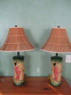 
                    
                        Vintage Pair of Hawaiian Hula Girl Lamps Adorn Your Tiki Bar with Lovely Hula Hands.
                    
                