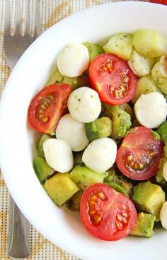 
                    
                        Avocado Salad with Tomato, Cucumber and Mozzarella served with some crunchy french bread and you’ve got a cool, easy dinner for a hot day.
                    
                