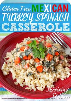 
                    
                        Mexican Turkey Spinach Casserole is yummy, low fat and full of protein! This recipe is gluten free, and would work as an E dish on the Trim Healthy Mama plan.
                    
                