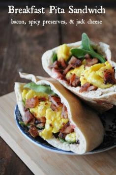 Breakfast Pita Sandwich with Eggs, Bacon, Spicy Preserves & Jack Cheese