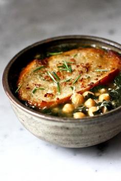 Kale, Chickpea, and Chicken Soup with Rosemary Croutons via Feastly #food #lunch