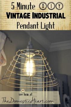 5 Minute DIY VIntage Industrial Pendant Light Tutorial from TheDomesticHeart.com