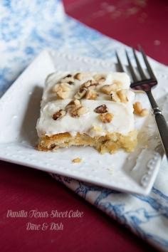 
                    
                        Vanilla Texas Sheet Cake ~  a twist on a classic church potluck recipe, topped with a creamy vanilla frosting and chopped walnuts.  Click through for recipe from www.dineanddish.net
                    
                