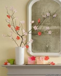 Paper Cherry Blossom Display | Step-by-Step | DIY Craft How To’s and Instructions| Martha Stewart - how to make these paper flowers using a colored brad to be the center in order to fasten the flowers on to branches.
