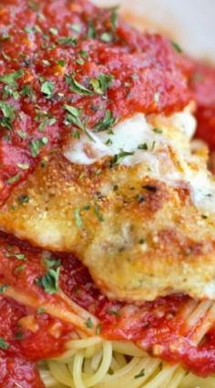 
                    
                        Light Chicken Parmesan ~ It has a delicious, crispy topping, but you only bread one side of the chicken and bake it, which helps to keep the calories down. It’s paired with a homemade tomato sauce that isn’t overwhelming and let’s the flavor of the chicken shine through.
                    
                