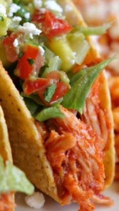 
                    
                        Slow Cooker Pineapple Salsa Chicken Tacos ~ Incredibly easy - You add three ingredients to the slow cooker along with the chicken...  Sweet fruit preserves mixed with spicy salsa and taco seasoning creates a sweet and tender meat and when combined with all the toppings, you will have one flavor-loaded taco.
                    
                