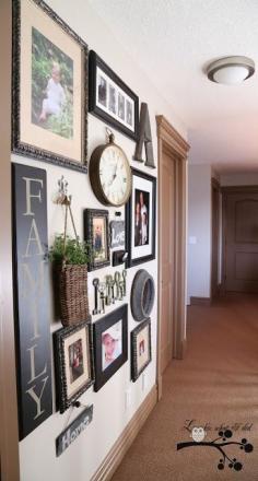 Gallery wall ideas ...like the family sign maybe a matching colored square grill or medallion where the A is ????