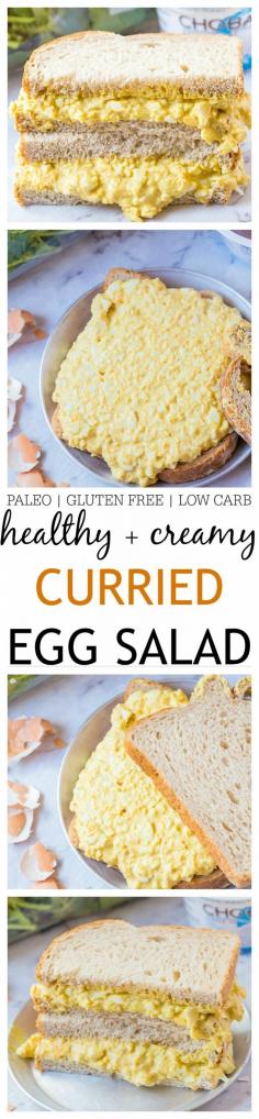 Healthy Creamy Curried Egg Salad- Creamy, easy and ready in no time, this curried egg salad is lightened up and much healthier than classic egg salads! Made with two options, including a paleo friendly one, the original gluten free version uses Greek Yogurt instead of mayonnaise! @thebigmansworld -thebigmansworld.com