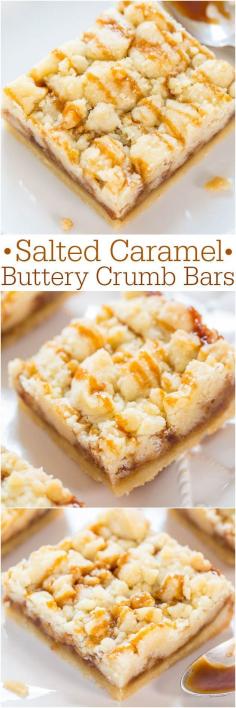 Salted Caramel Buttery Crumb Bar Cookies - Easy, soft, buttery bars that just melt in your mouth! The salted caramel makes them so irresistible!!!