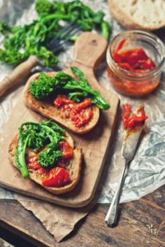 [Anchovy Butter Toast with Spicy Tomato Jam & Broccoli Rabe]