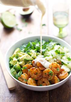 Spicy Shrimp and Avocado Salad wth Miso Dressing Recipe ~ fresh, green, crunchy-delicious.