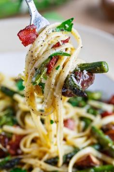 The Great Pasta ! Roasted Asparagus Mushroom Carbonara Recipe . Glorious Food