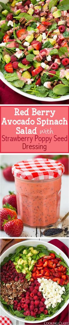 Strawberry Raspberry Cranberry Avocado Spinach Salad with Strawberry Poppy Seed Dressing - this is the ULTIMATE summer salad! Its totally irresistible!