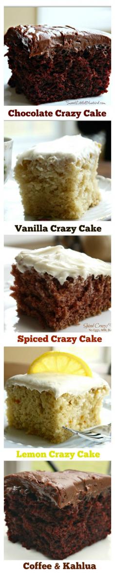 CRAZY CAKE, also known as Wacky Cake Depression Cake- No Eggs, Milk, Butter,Bowls or Mixers! Super moist delicious. Great activity to do with kids. Go to recipe for egg/dairy allergies. Recipe dates back to the Great Depression. Its darn good cake! | https://SweetLittleBlueBird.com